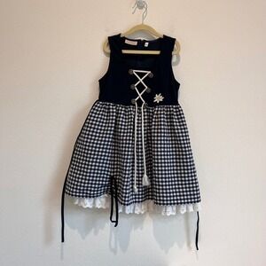Landhaus C&A Kids Navy Gingham Dirndl Dress Edelweiss Lace Trim Size 116